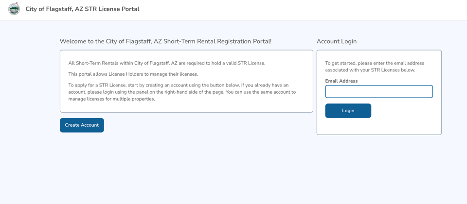 Create a portal account or sign in before starting the Flagstaff license application. Flagstaff short-term rental license portal with account creation and sign-in options