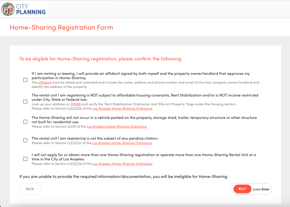 Confirm each eligibility statement before continuing the Los Angeles Home-Sharing registration. Los Angeles Home-Sharing registration eligibility checklist covering landlord approval, housing restrictions, residential use, and citations