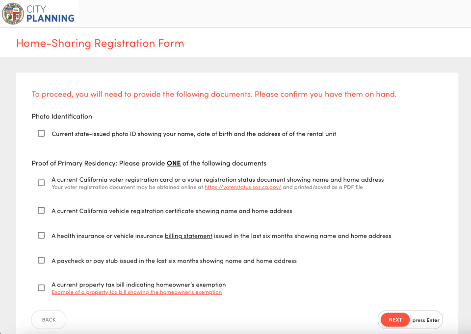 Prepare a photo ID and one accepted proof of primary residence before starting the application. Los Angeles Home-Sharing registration document checklist for photo identification and proof of primary residence