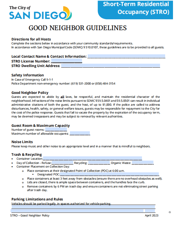 Keep the Good Neighbor Policy available and follow its operating rules. City of San Diego Good Neighbor Policy notice with noise, occupancy, trash, and parking rules