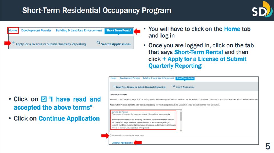 Select the matching STRO license type and complete the applicant information in the City application. City of San Diego STRO license application page with license type and applicant fields