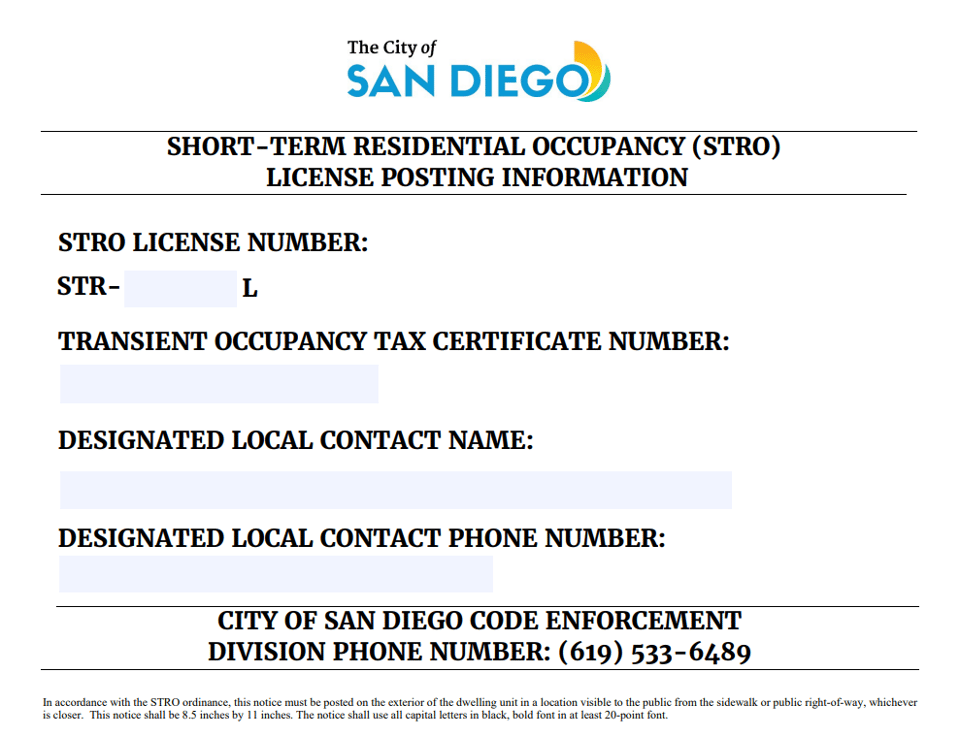 Post the City-issued placard with the required license and local-contact information. City of San Diego STRO license placard showing the license number, tier, occupancy, and local contact details
