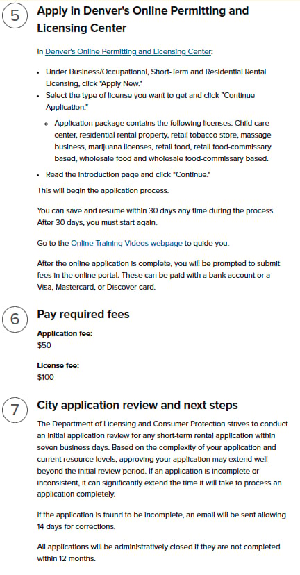 Submit the online application, pay the current portal fee, and monitor the review. Denver short-term rental licensing guide showing online application, fee payment, and review steps