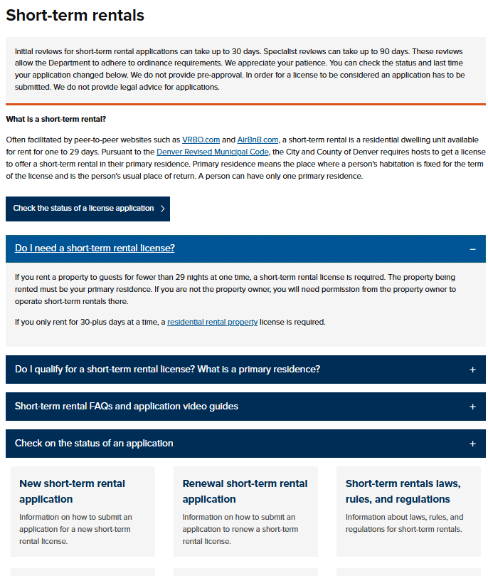 Confirm the home meets Denver's primary-residence standard before applying. Denver short-term rental license eligibility guidance defining a host's primary residence