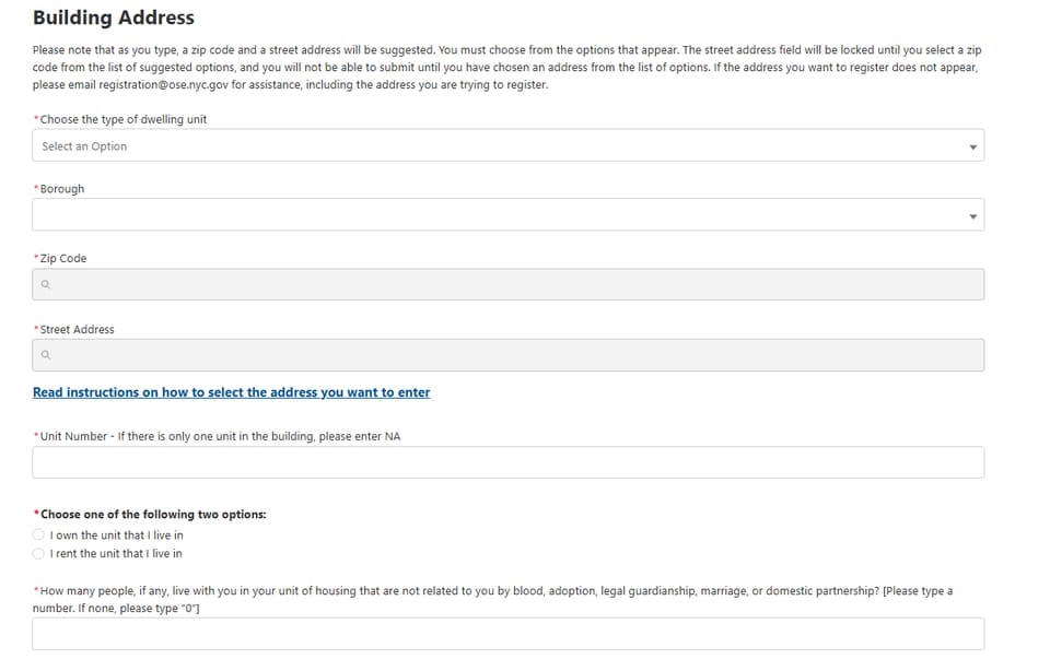 Enter the building address and unit exactly as they appear on the supporting records. New York City OSE registration form with building address, borough, and unit fields