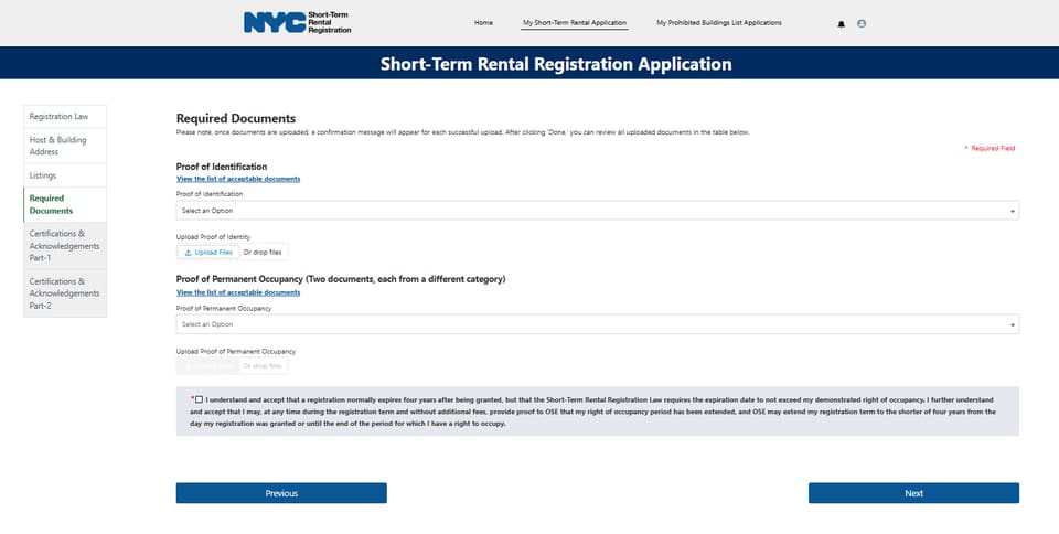 Upload the identity and permanent-occupancy documents requested by the OSE portal. New York City OSE registration form for uploading identity and permanent-occupancy documents