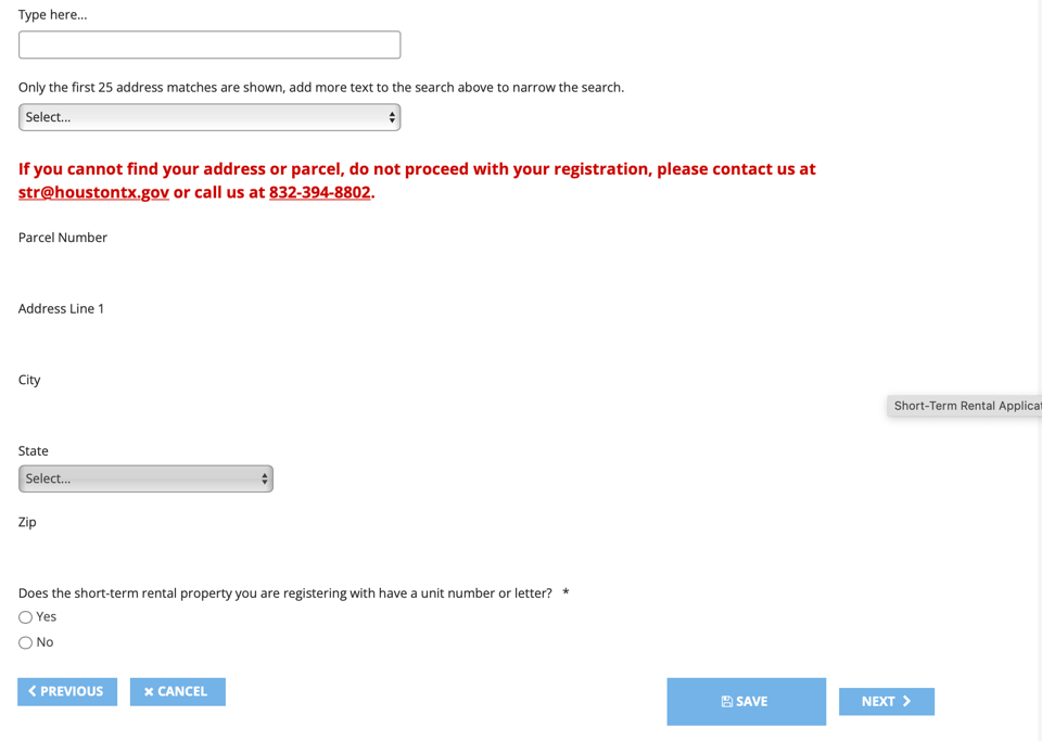 Search for the rental address and confirm the property details before continuing. Houston short-term rental portal property-address search and address-entry form