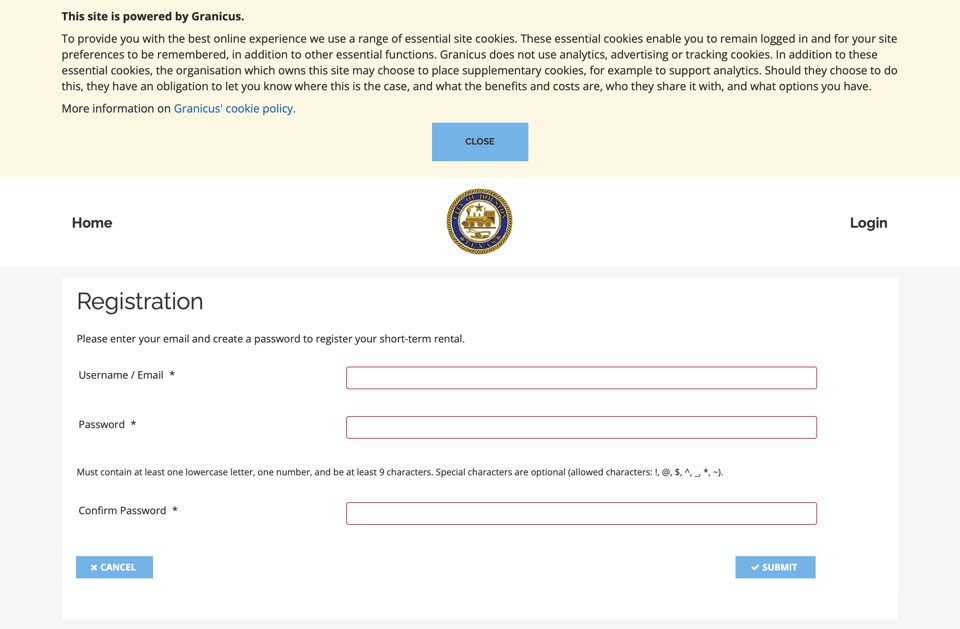Create the portal account with the registrant's contact information, then activate it by email. Houston short-term rental portal account registration form with name, email, and password fields