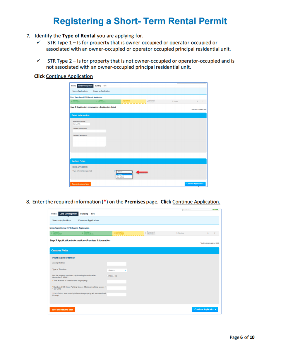 Select the correct STR type and complete the premises details shown in BuildSA. City of San Antonio BuildSA guide showing Type 1 and Type 2 rental selection and premises-detail fields