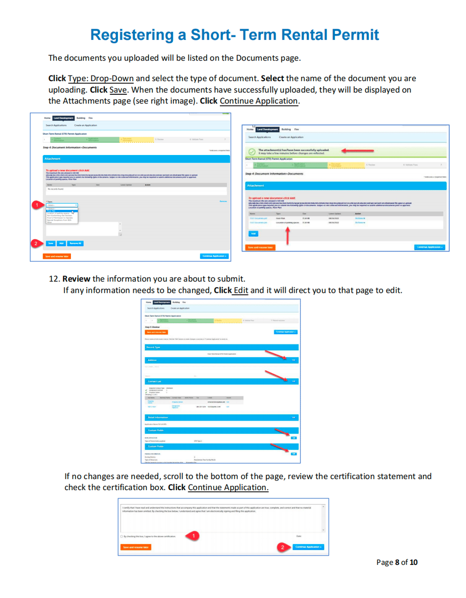Review the uploaded documents, certify the application, and submit it for City review. City of San Antonio BuildSA guide showing document review, applicant certification, and final submission