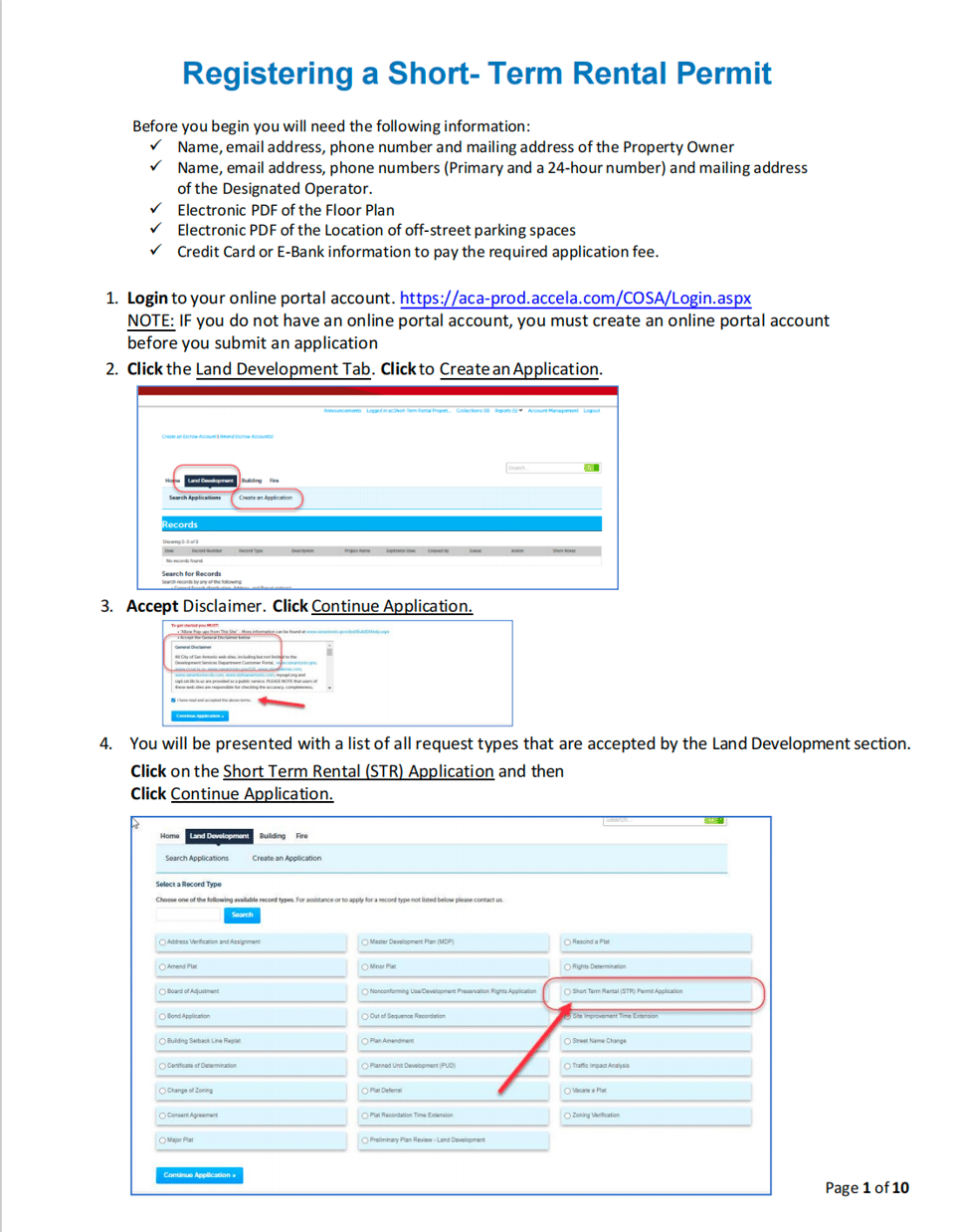 Open BuildSA and start a new Short Term Rental permit application. City of San Antonio BuildSA guide showing where to start a short-term rental permit application