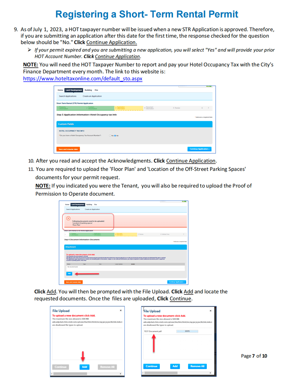 Acknowledge the tax requirement and upload each required application document. City of San Antonio BuildSA guide showing hotel-occupancy-tax acknowledgement and document uploads