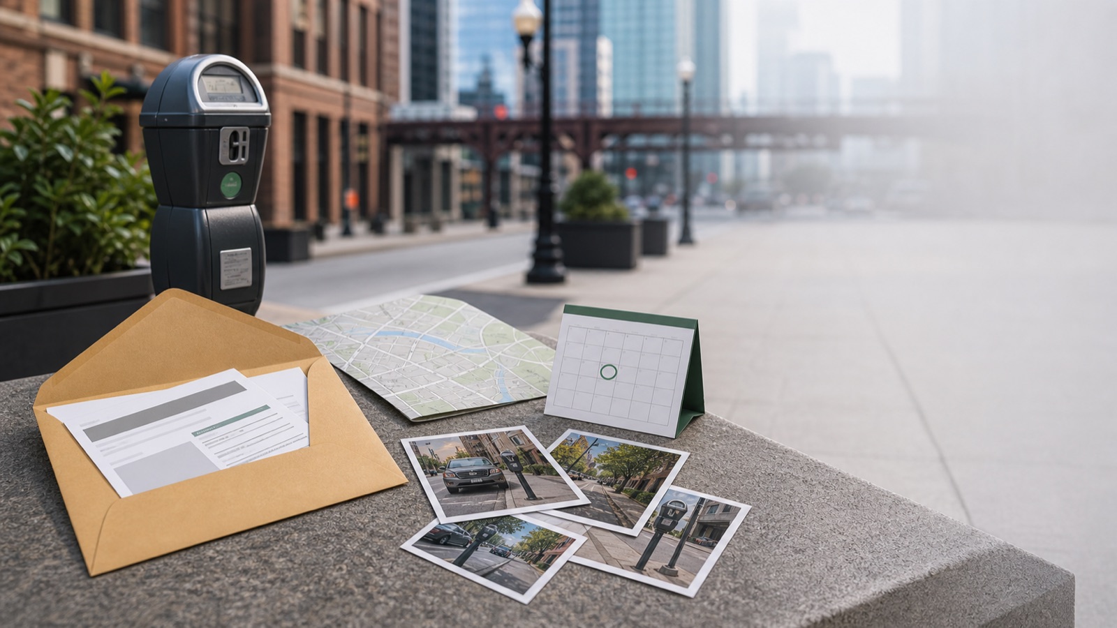 City parking meter, map, and paperwork for urban parking ticket hub pages.