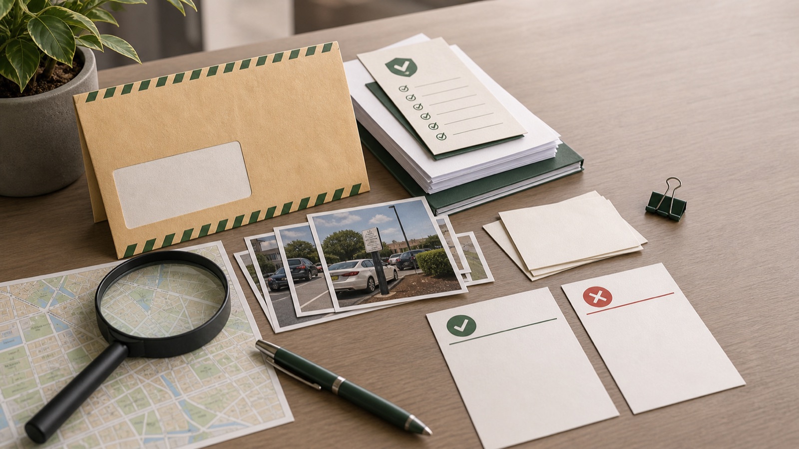 Parking ticket dispute paperwork with evidence photos, magnifying glass, and checklist cards.