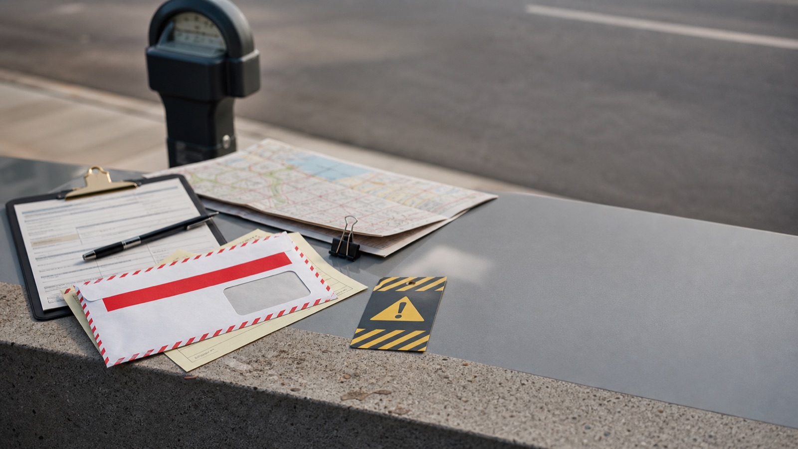 Warning-style parking notice, clipboard, and map for fake parking ticket or scam pages.