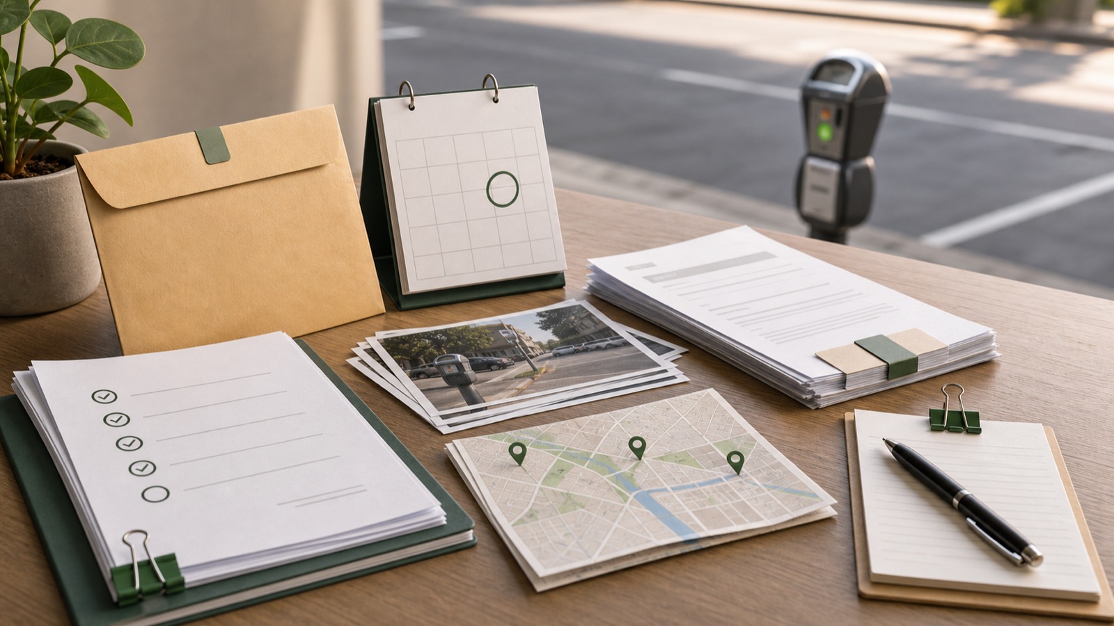 Parking meter, payment paperwork, and city map for parking ticket payment pages.