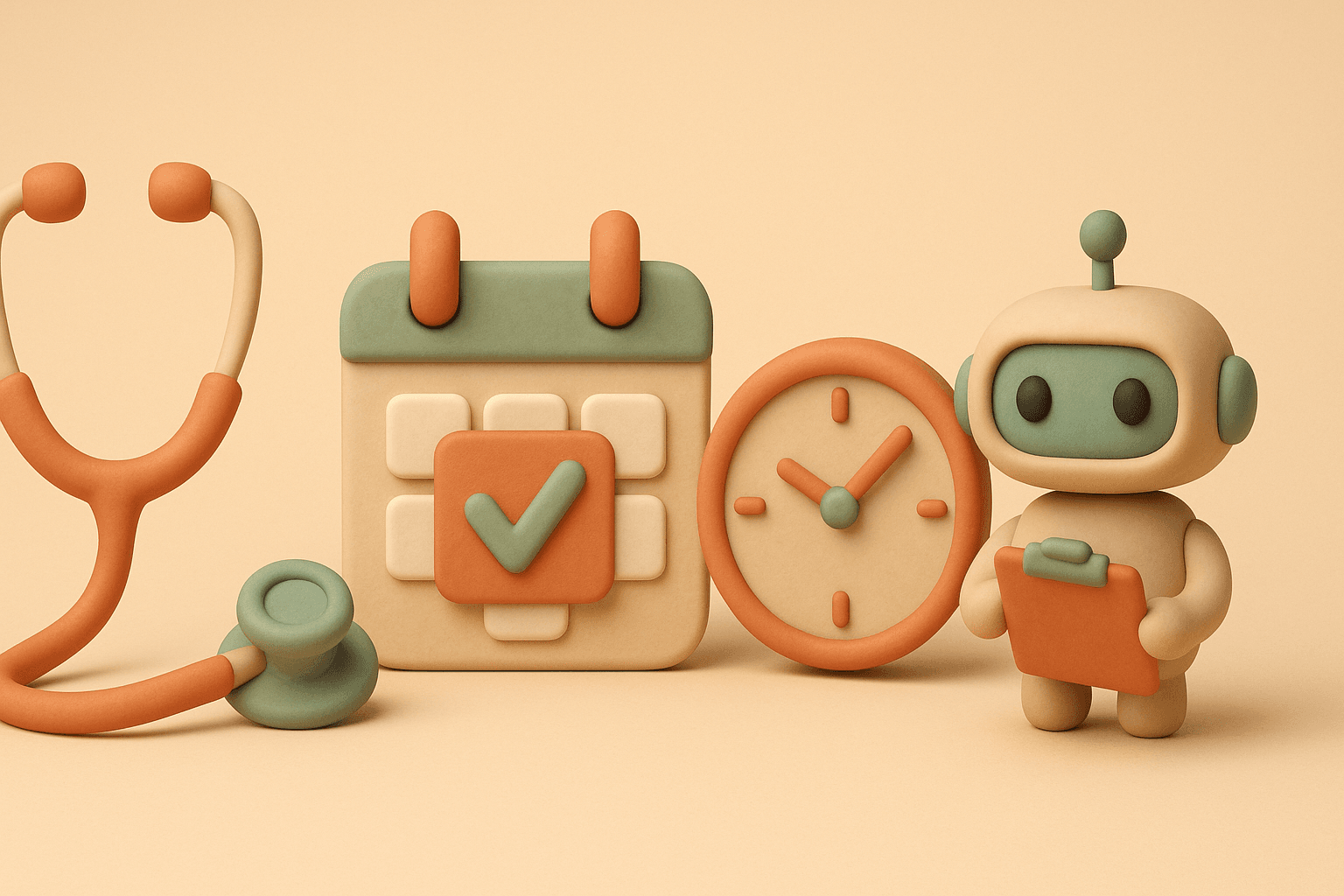 Clay-style illustration of stethoscope, calendar with appointment slot, clock, and robot assistant with clipboard