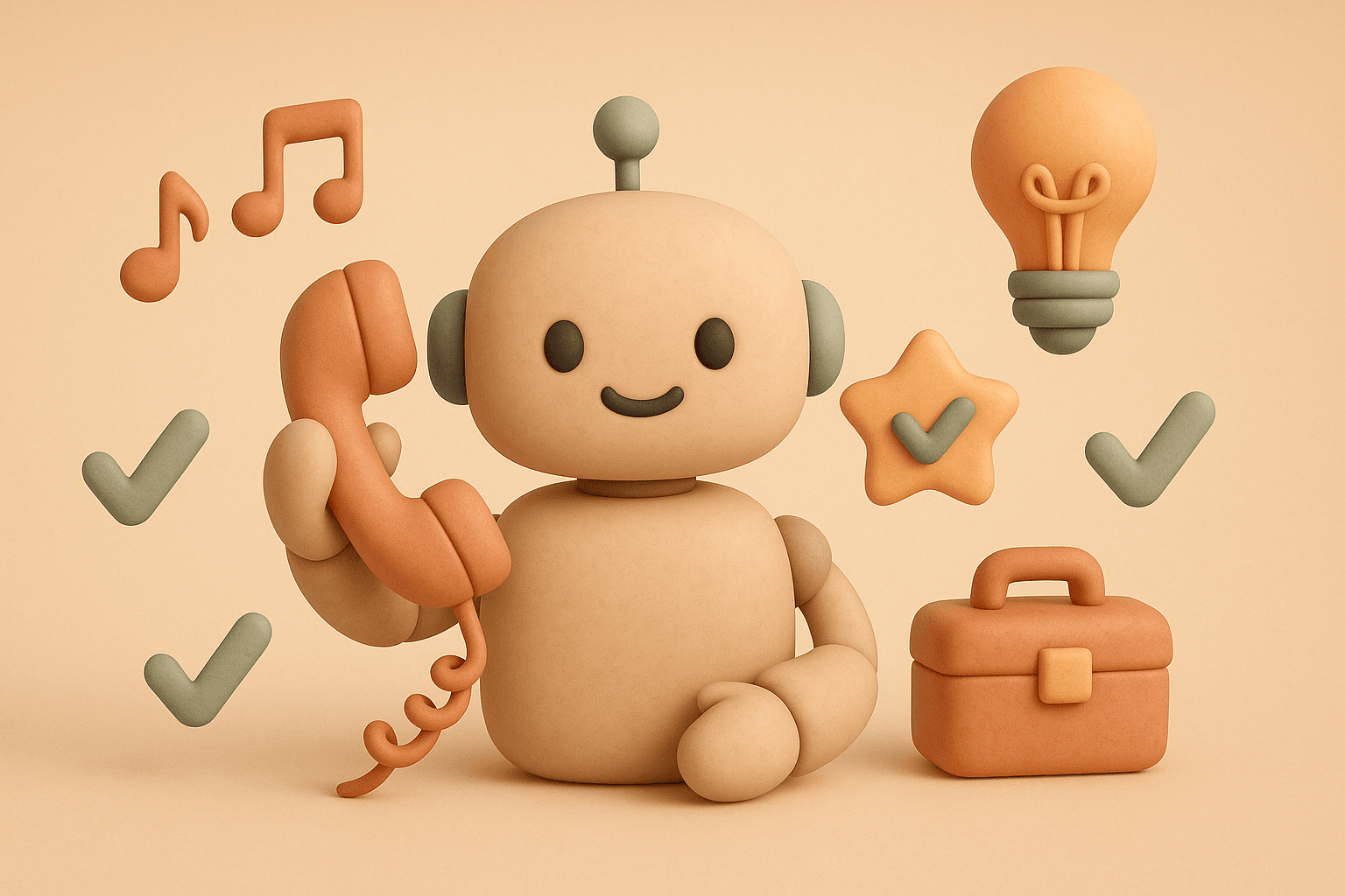 Clay-style illustration of robot holding phone receiver, musical notes, lightbulb, star badge, and toolbox