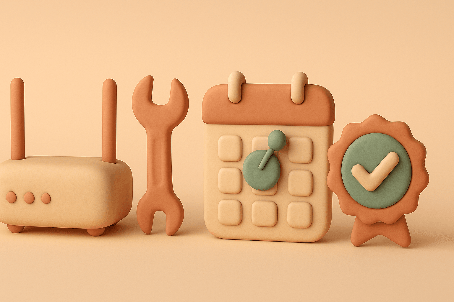 Clay-style illustration of wifi router, wrench tool, calendar with pinned date, and confirmation badge