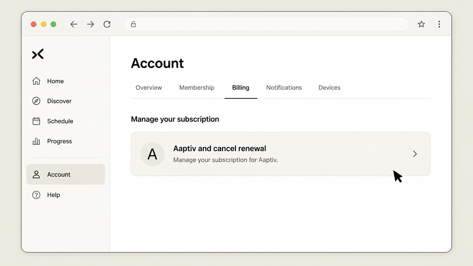 Aaptiv web cancellation: Select Aaptiv and cancel renewal