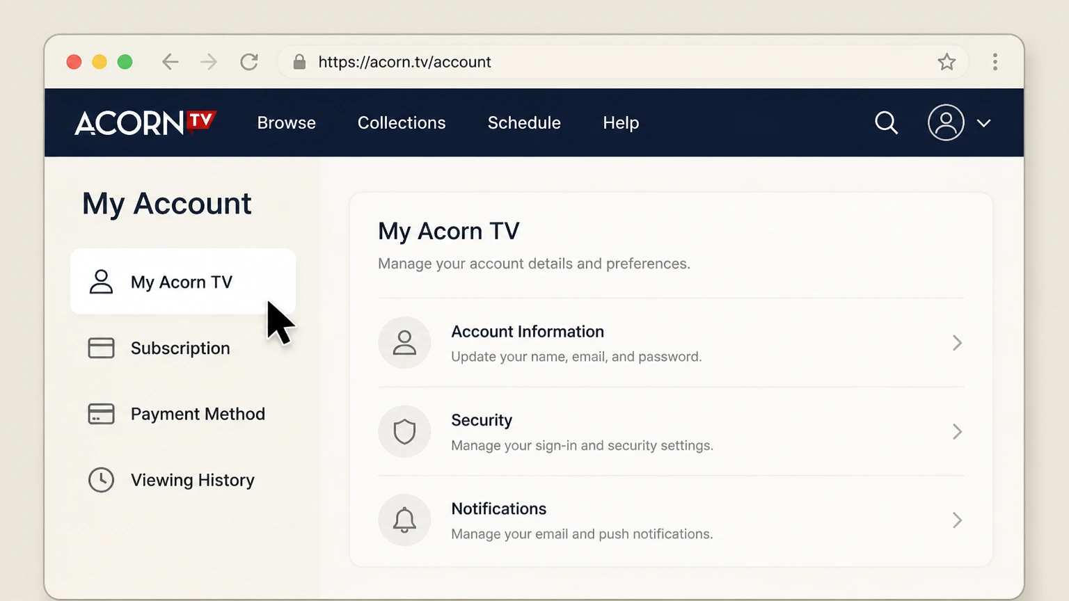 Acorn TV web cancellation: Open My Acorn TV