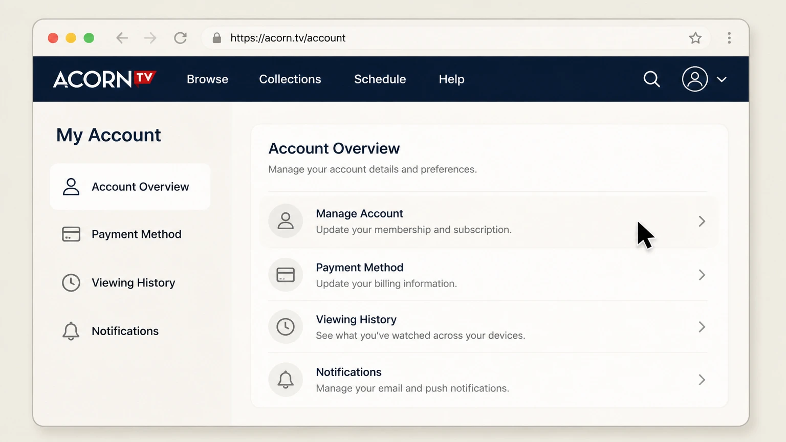 Acorn TV web cancellation: Open Manage Account