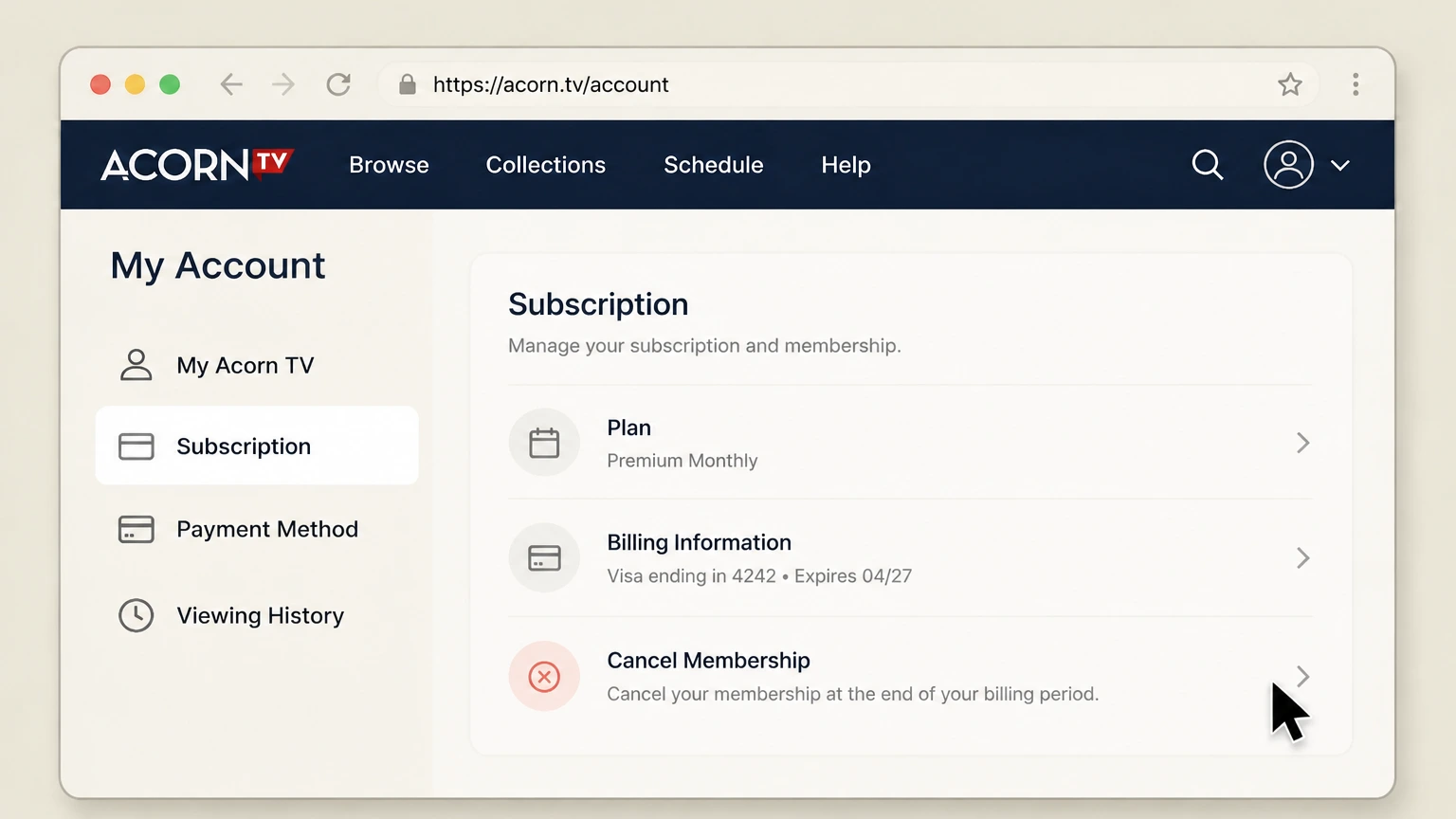 Acorn TV web cancellation: Choose Cancel Membership