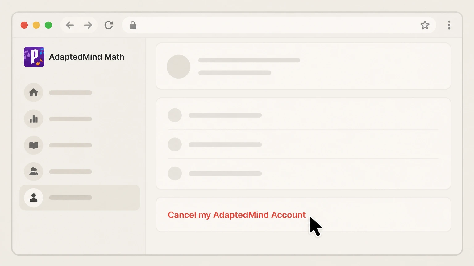 AdaptedMind Math Cancel on AdaptedMind.com (website billing) cancellation: Find the cancel link for your membership
