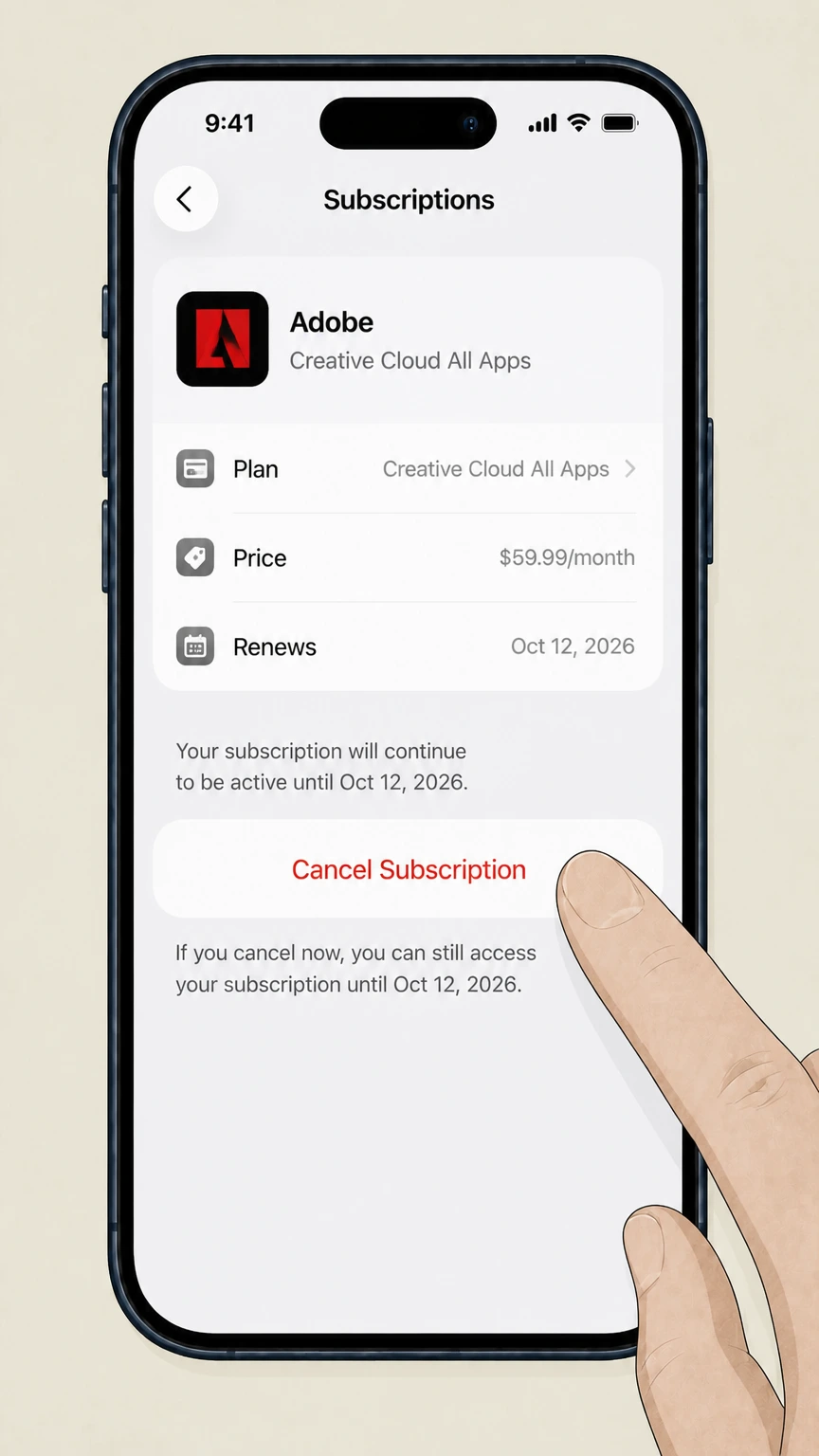 Adobe app-store cancellation: Tap Cancel Subscription
