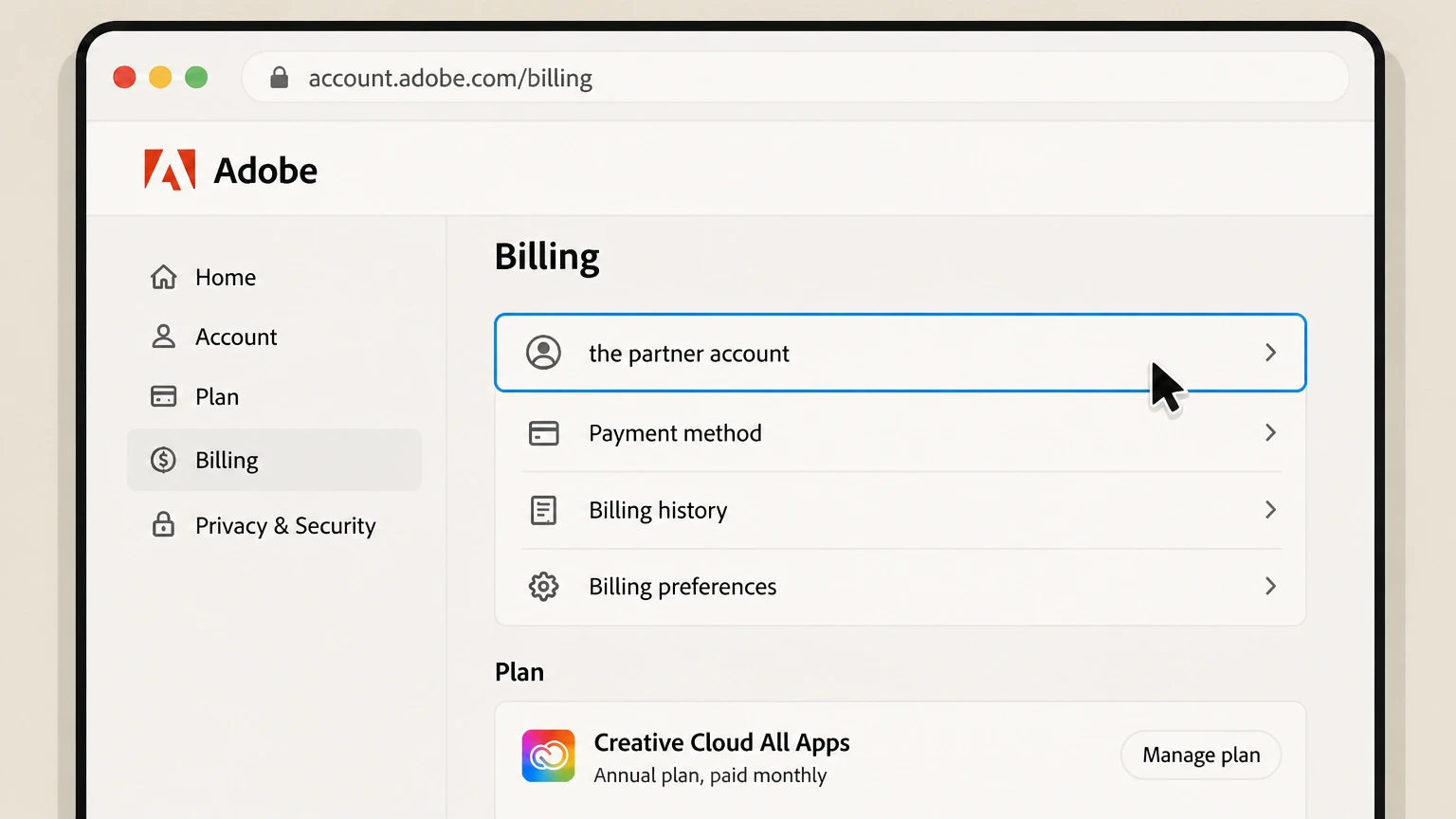 Adobe billing-partner cancellation: Open the partner account