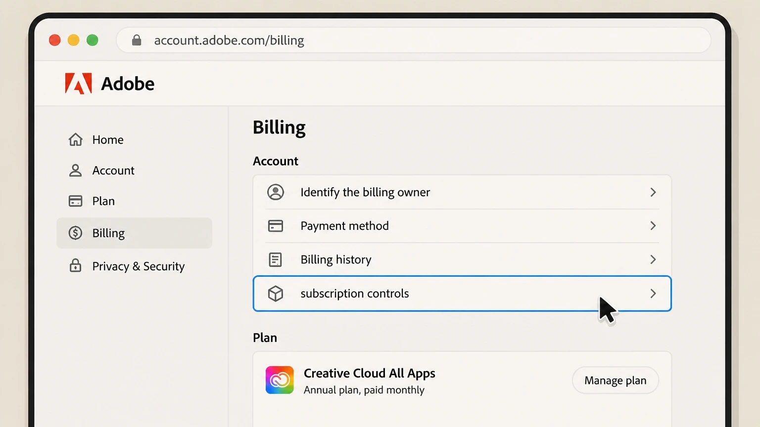 Adobe billing-partner cancellation: Find subscription controls