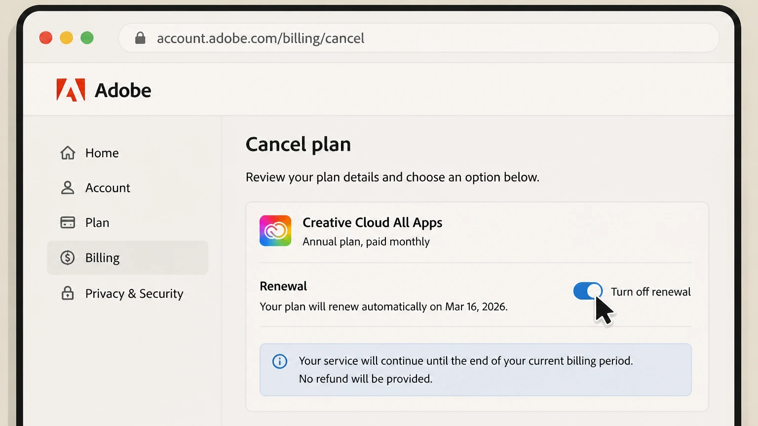 Adobe billing-partner cancellation: Turn off renewal