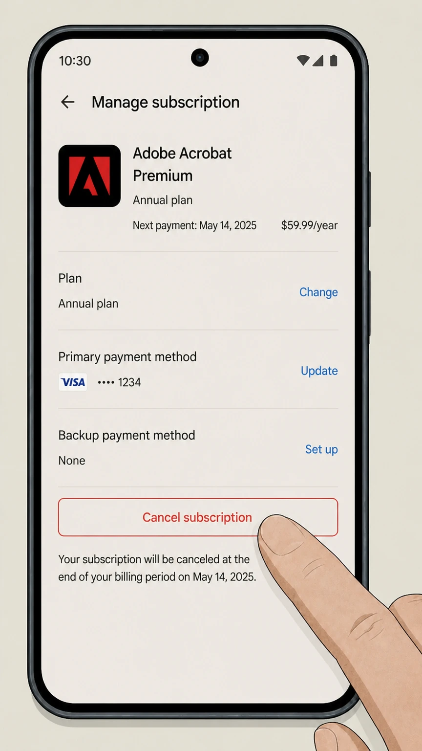 Adobe google-play cancellation: Choose Cancel subscription