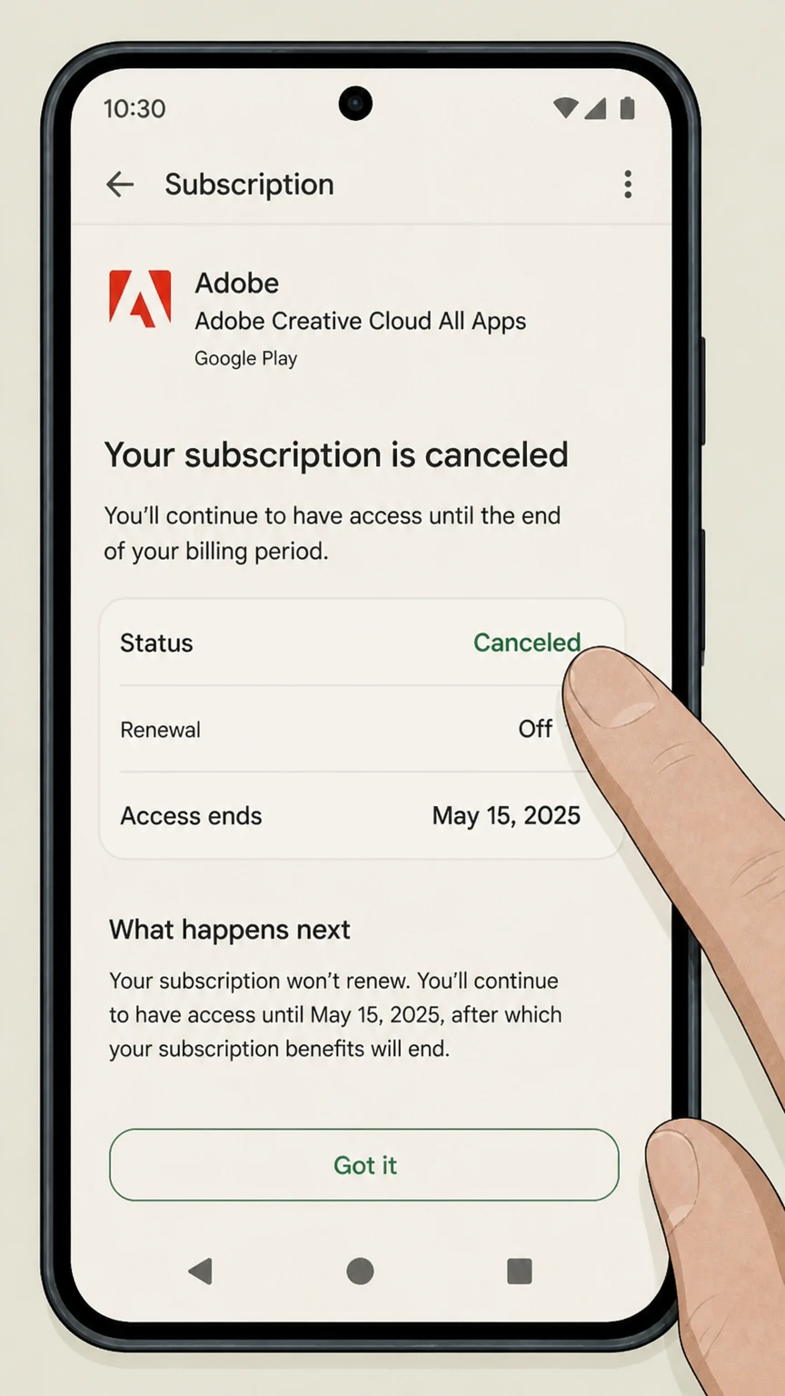 Adobe google-play cancellation: Save the expiration date