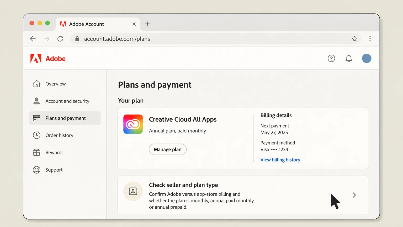Adobe web cancellation: Check seller and plan type
