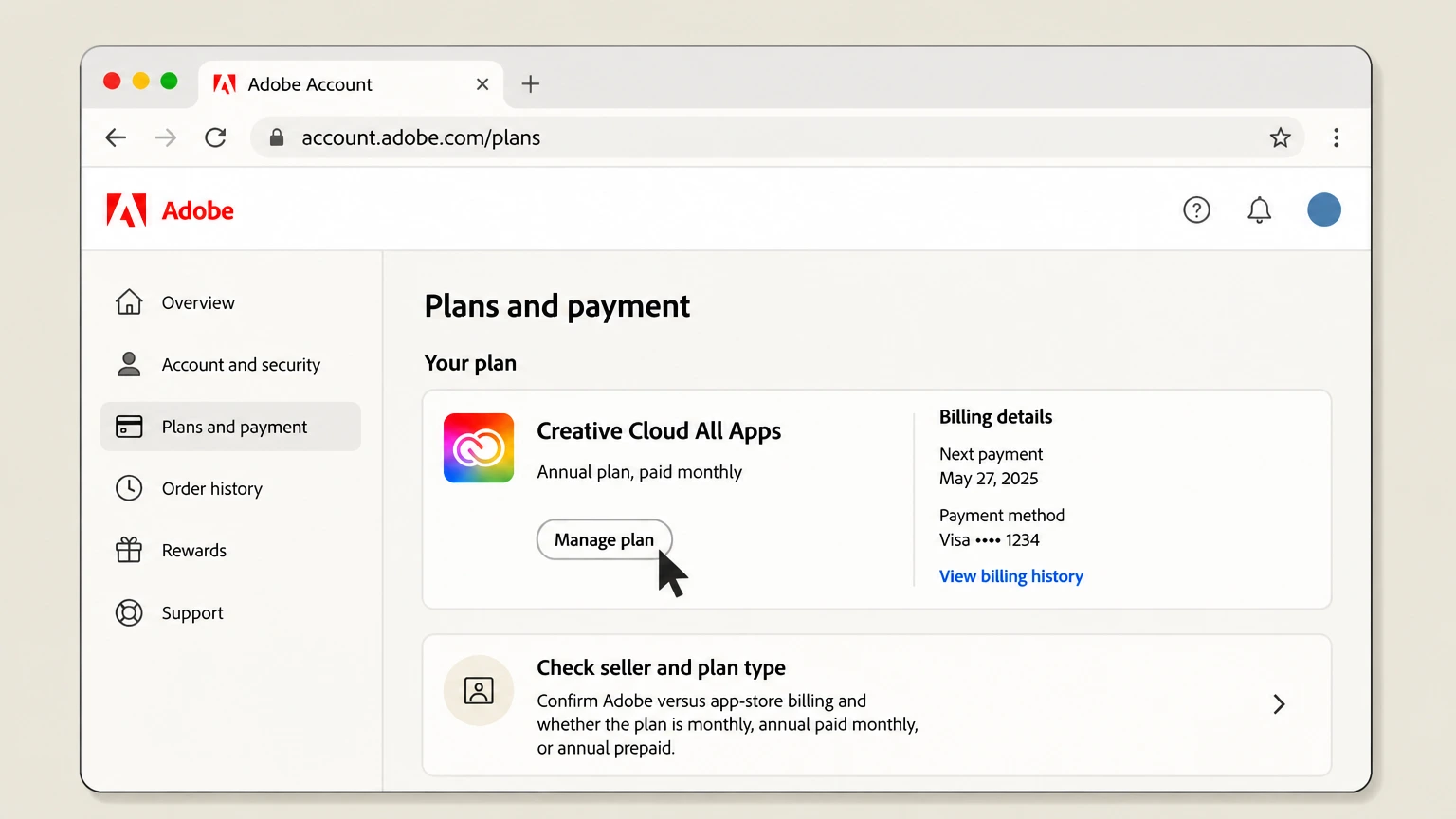 Adobe web cancellation: Open Manage plan