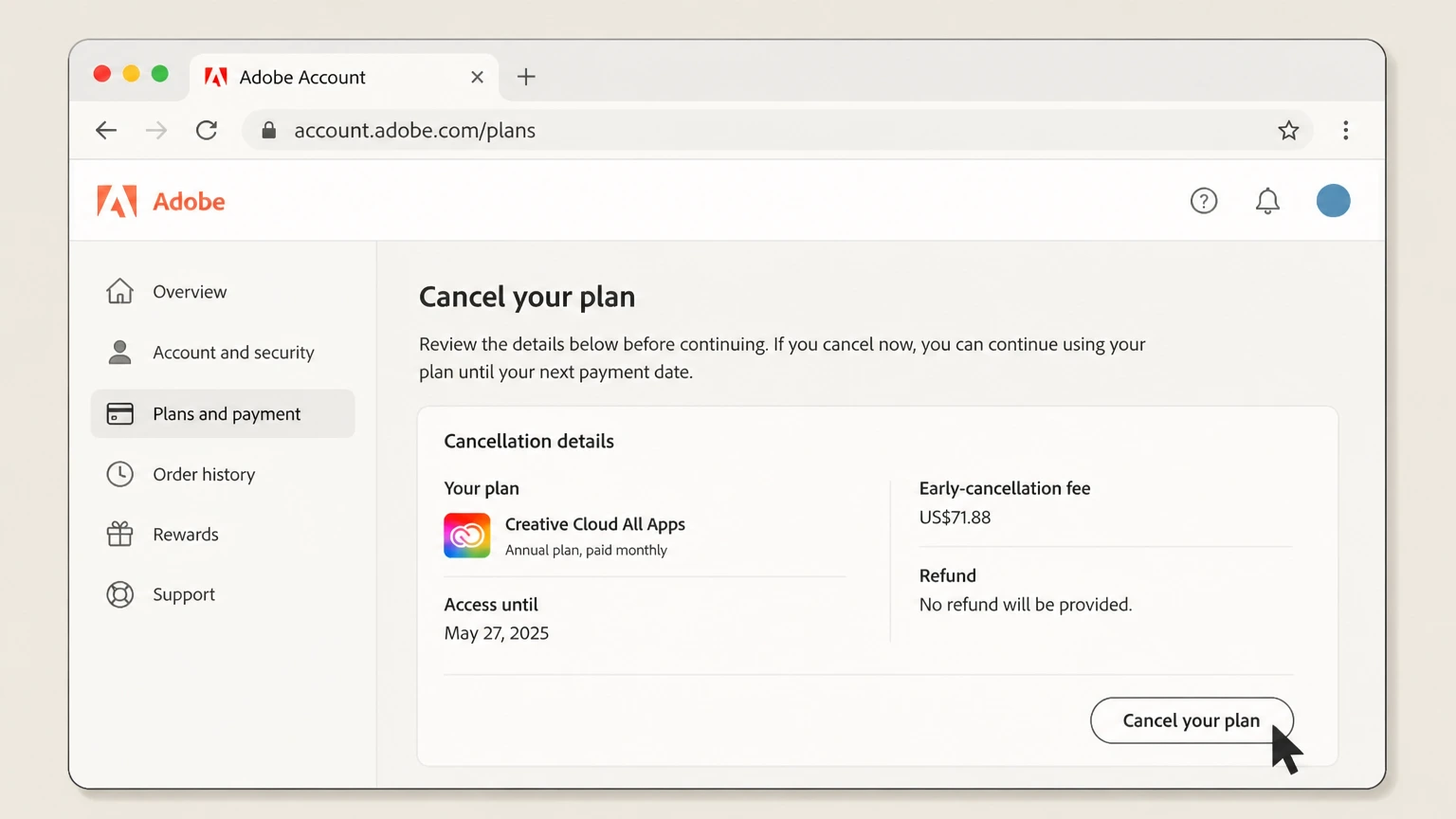 Adobe web cancellation: Review cancellation details