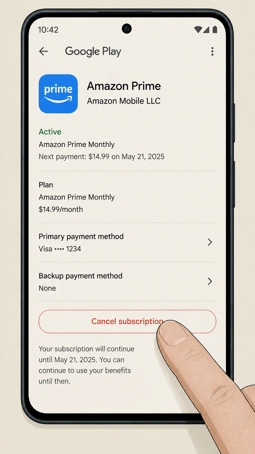 Amazon Prime google-play cancellation: Tap Cancel subscription