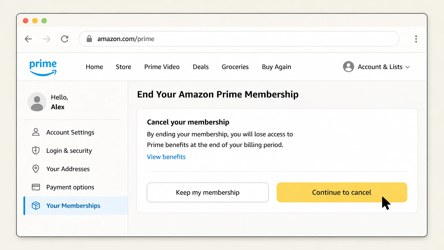 Amazon Prime web cancellation: Continue to cancel