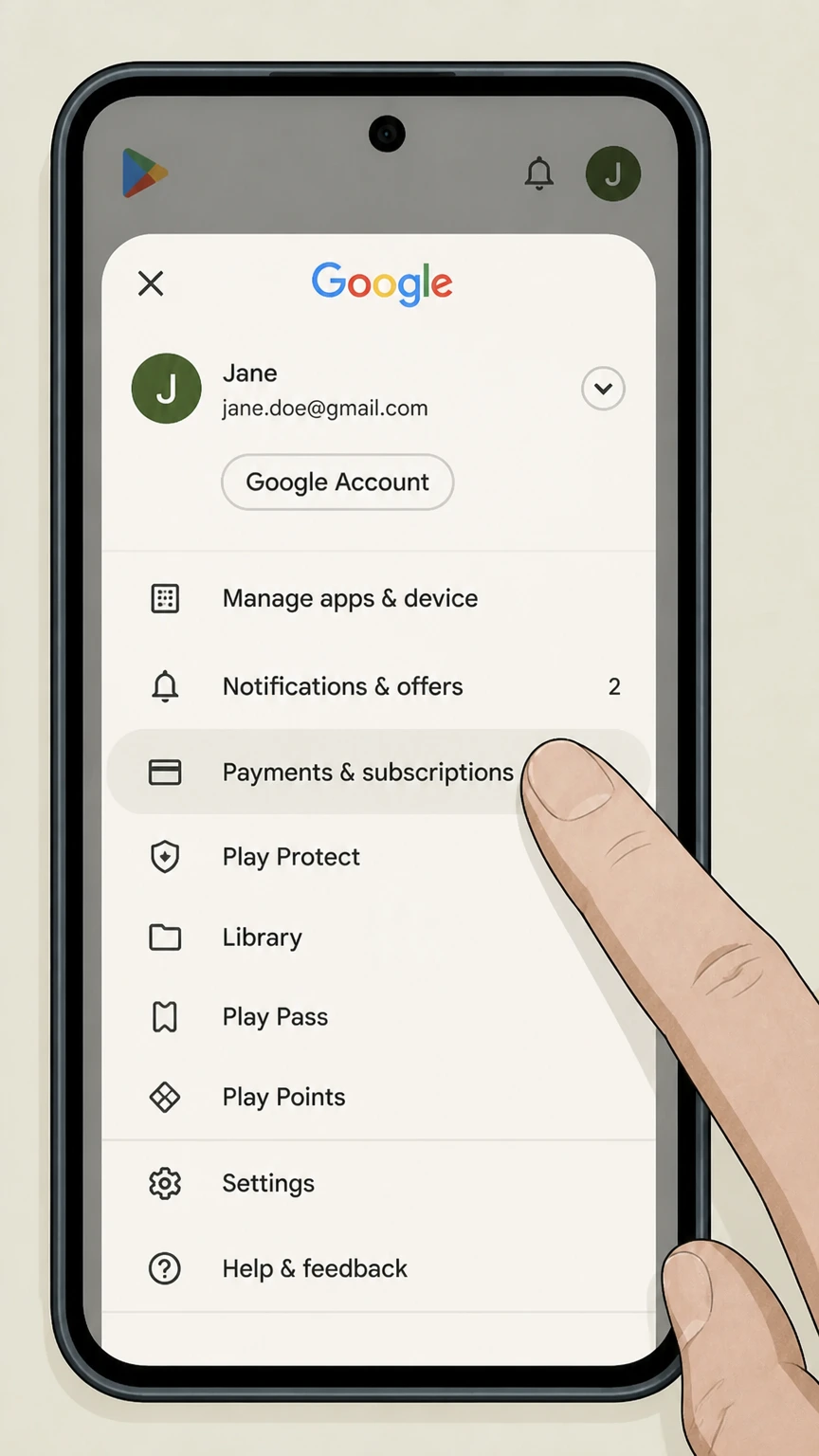 AMC+ google-play cancellation: Open Payments & subscriptions