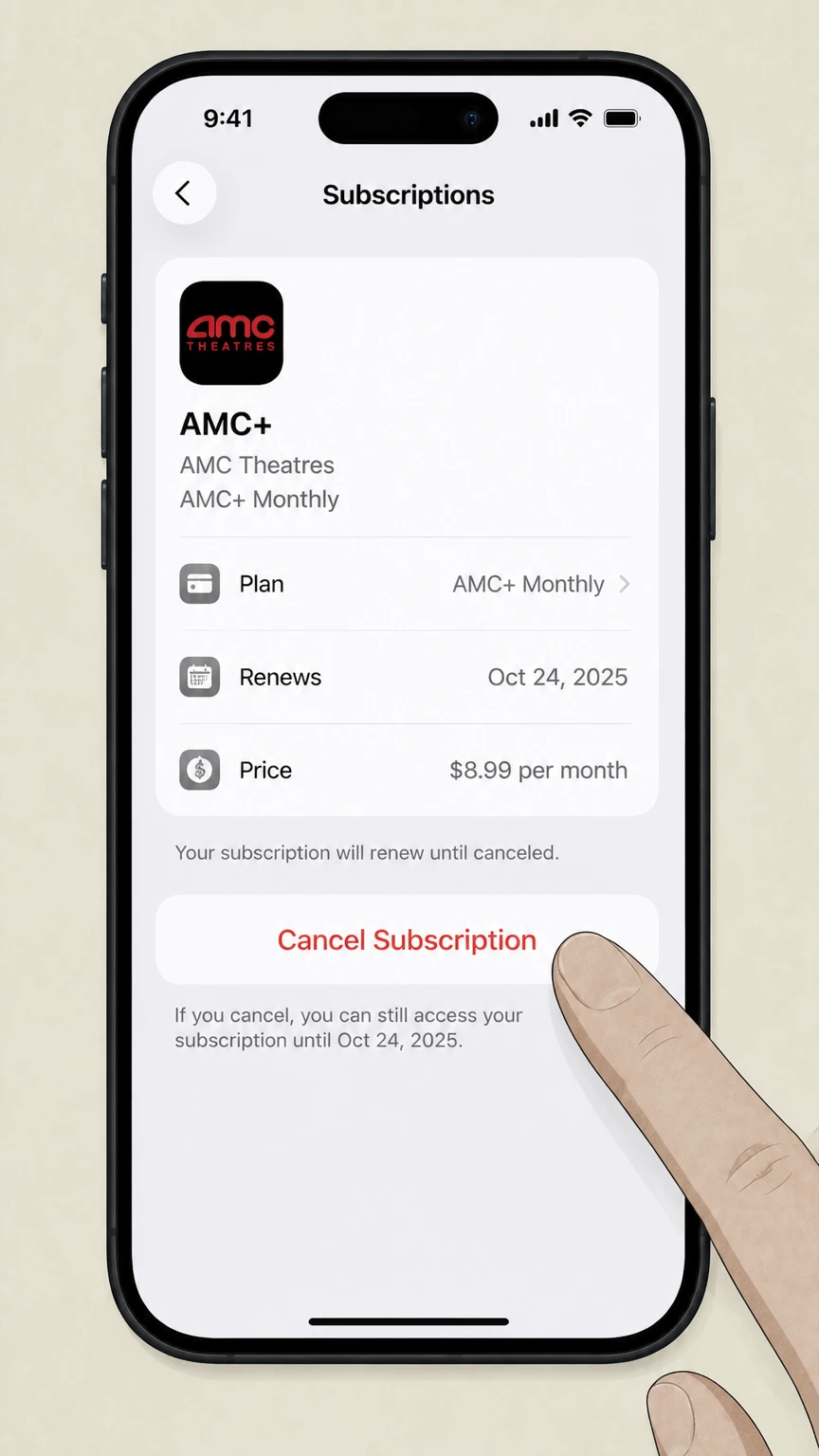 AMC+ ios cancellation: Tap Cancel Subscription