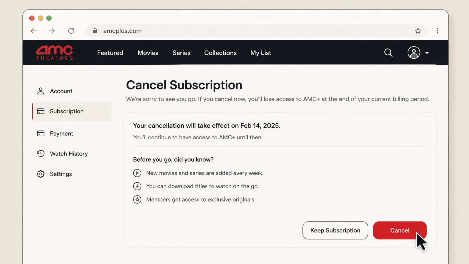 AMC+ web cancellation: Choose Cancel