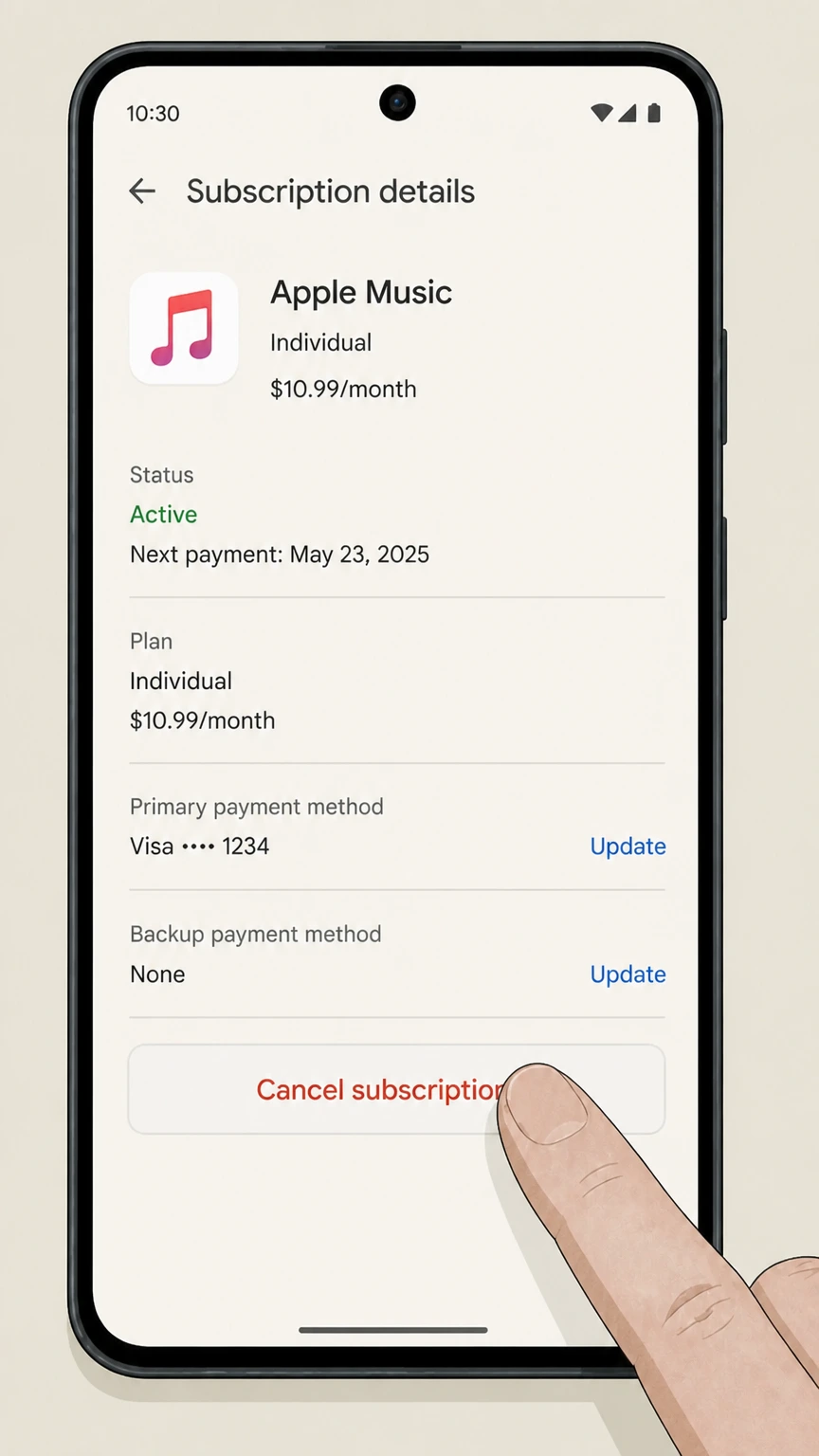 Apple Music google-play cancellation: Tap Cancel subscription