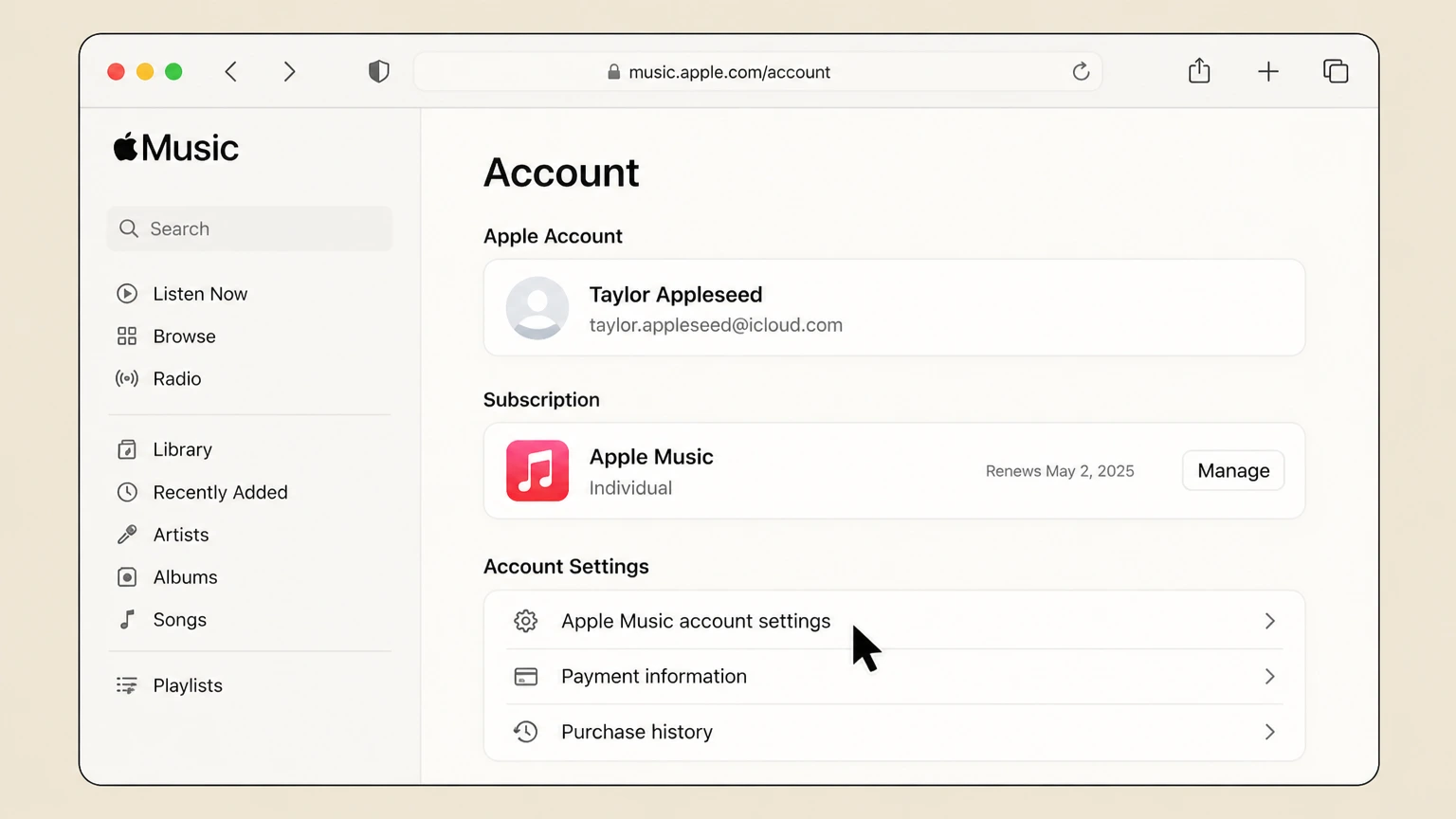 Apple Music web cancellation: Open Apple Music account settings