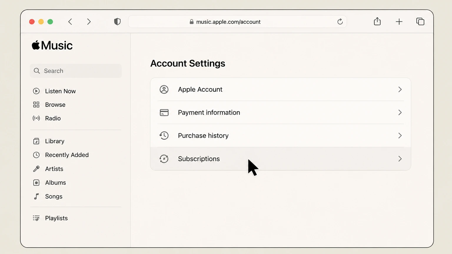 Apple Music web cancellation: Open Subscriptions