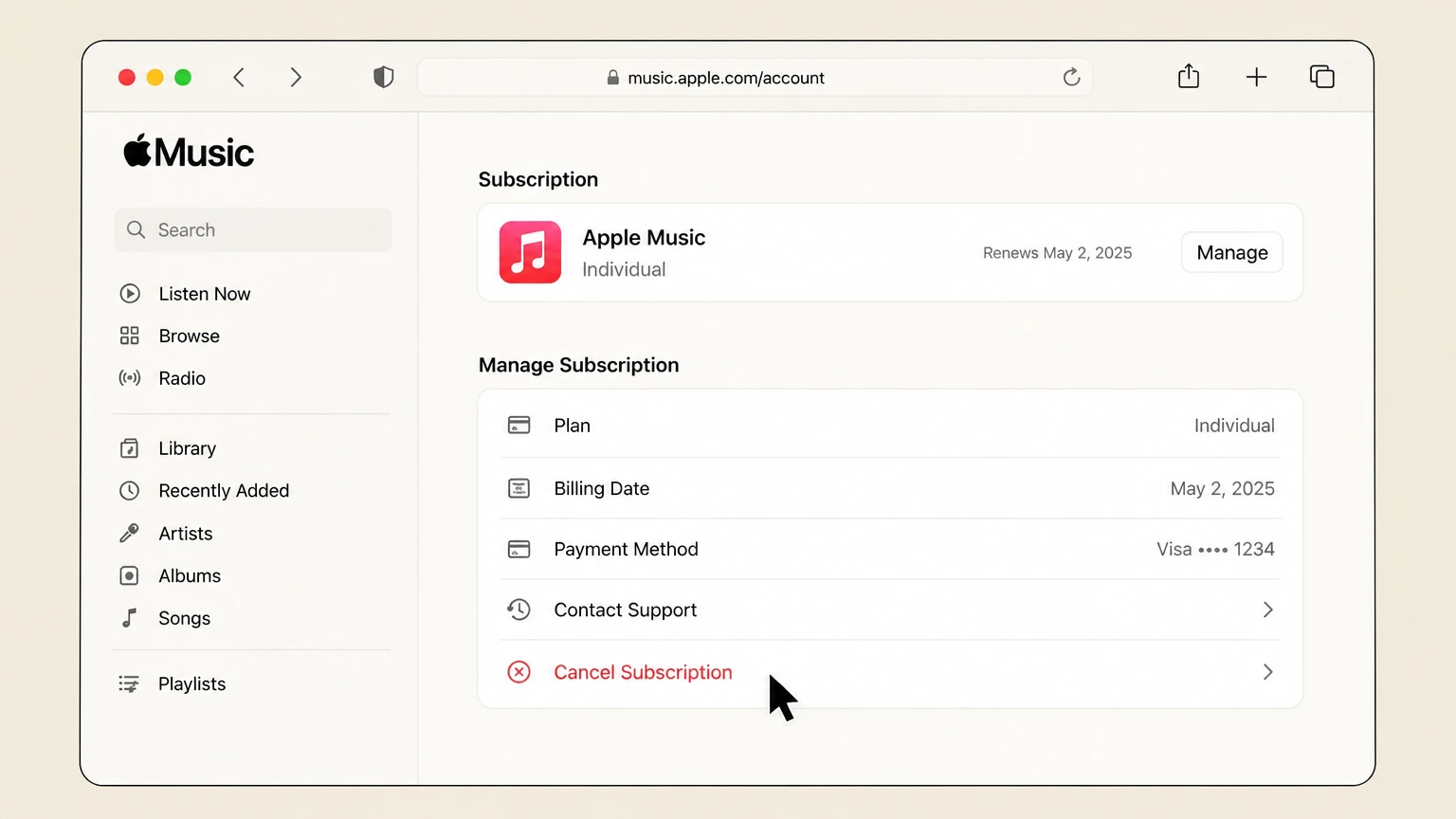 Apple Music web cancellation: Choose Cancel Subscription