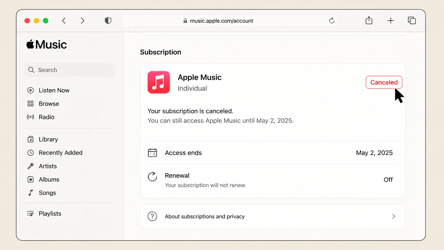 Apple Music web cancellation: Verify the expiration state