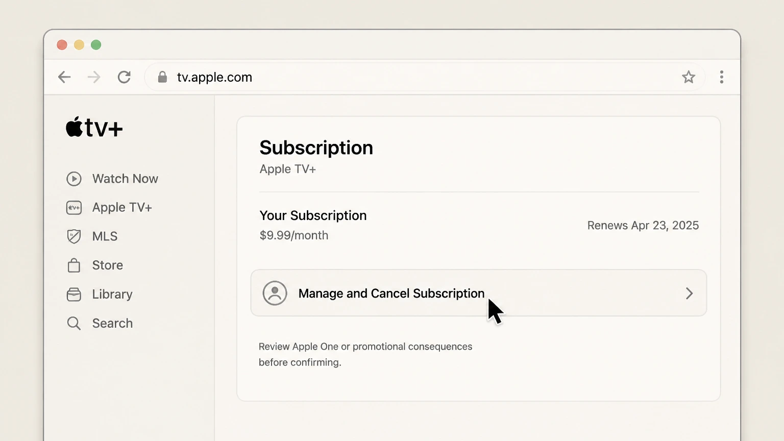 Apple TV+ web cancellation: Choose Manage and Cancel Subscription