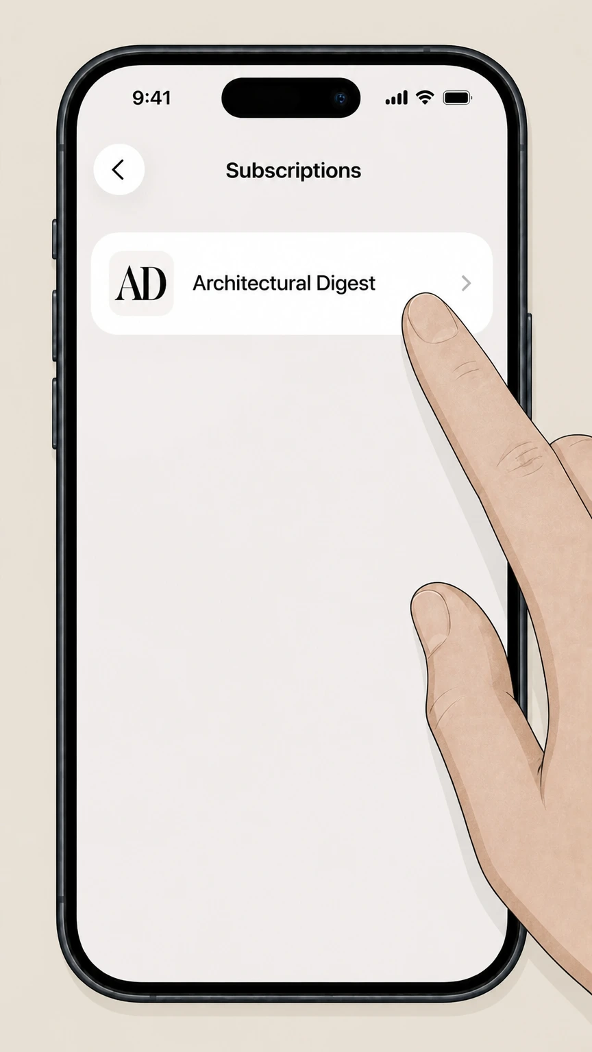 Architectural Digest Apple-billed Architectural Digest app subscription (iPhone or iPad) cancellation: Select your Architectural Digest subscription