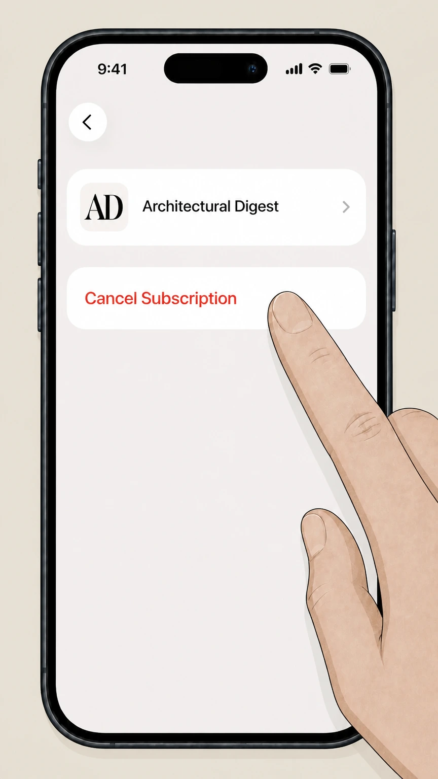 Architectural Digest Apple-billed Architectural Digest app subscription (iPhone or iPad) cancellation: Cancel the subscription in Apple settings